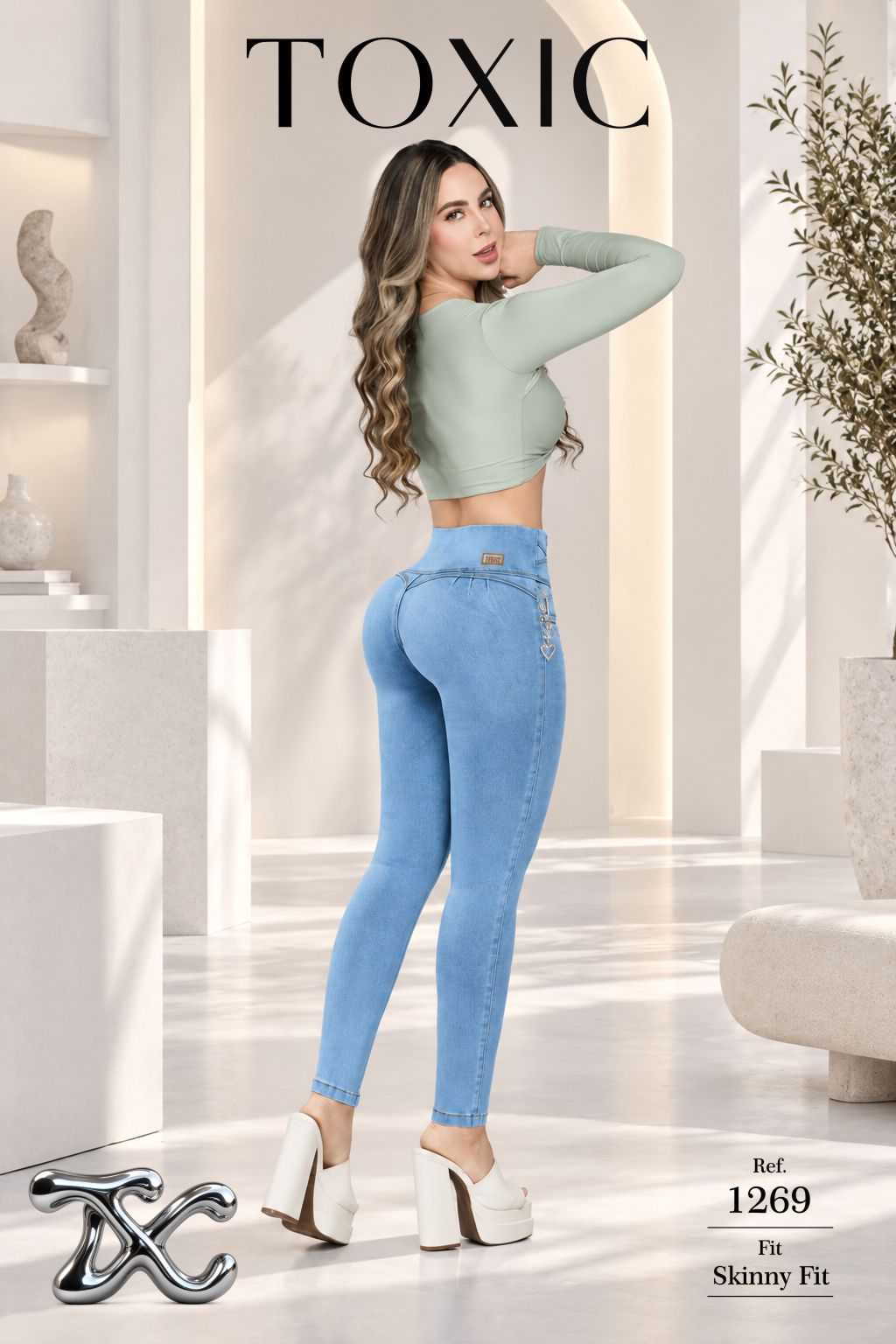 Jean Skinny Tiro Alto Azul Claro con Pretina Ancha y Cadena | TOXIC JEANS 1269